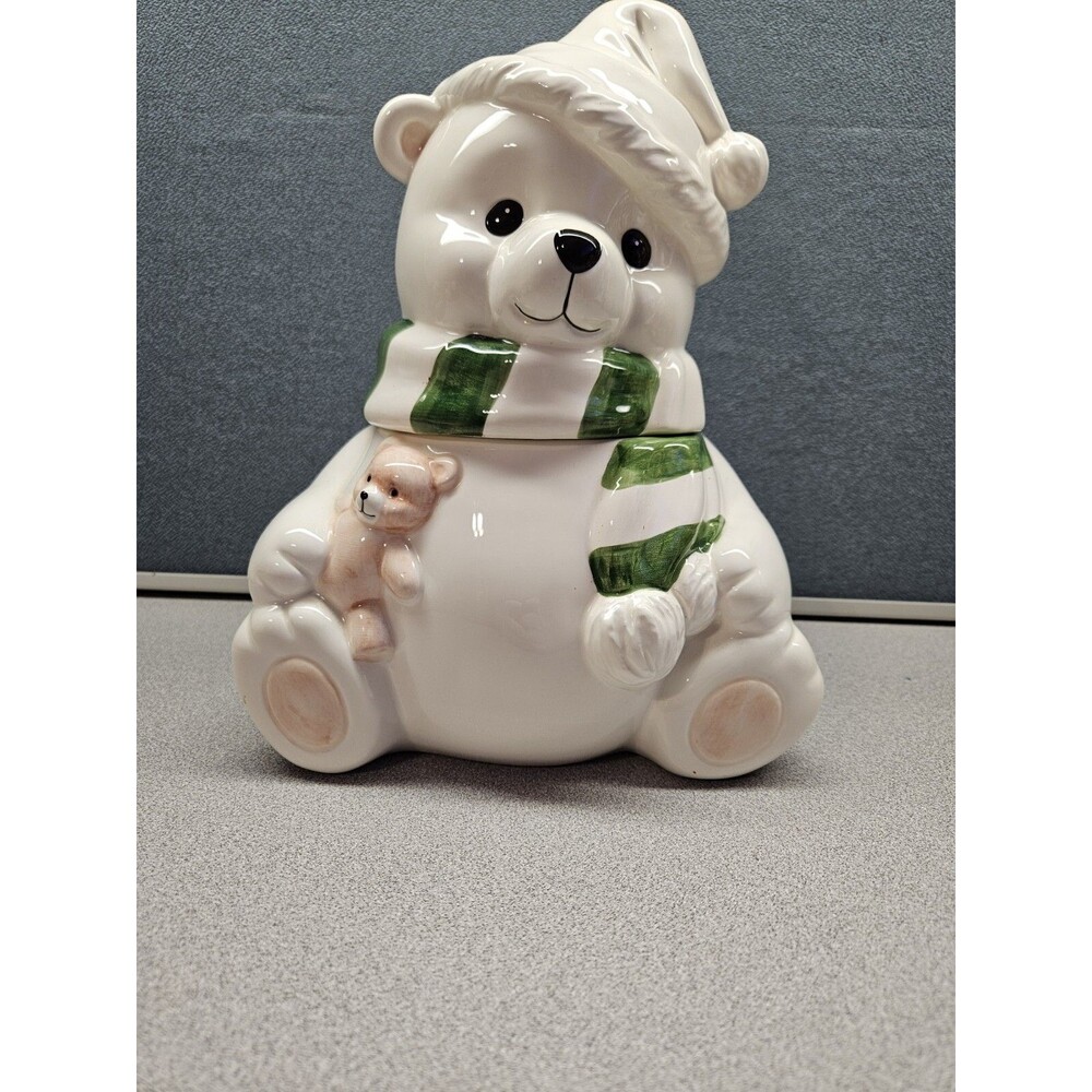 Vintage 1991 Home Interiors by Homco White Polar Bear Cookie Jar w/ Teddy Bear